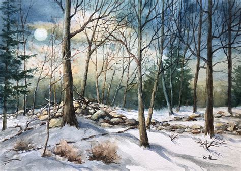 Moonlit Forest Watercolor Painting Moonlight In The Woods Etsy