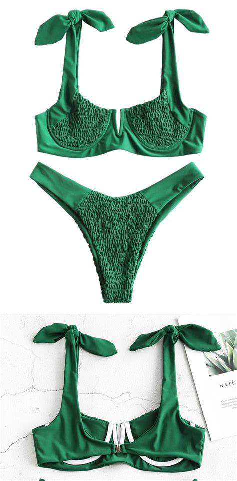 the solid bikini features wide straps which can tie into cute knots on the shoulders center v
