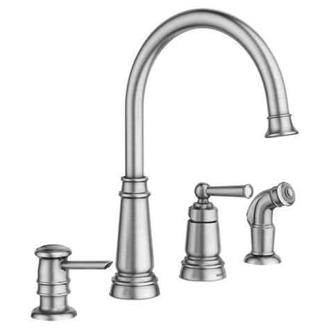 Connect the spray hose to the body of the faucet by pushing the hose into position and using the white clip to hold it in place. Moen Monticello Kitchen Faucet Brushed Nickel