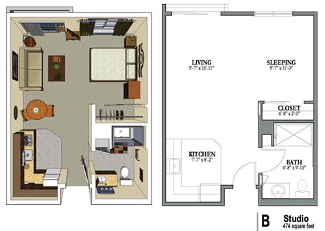 This one bedroom floor plan shows off modern design elements like crisp hardwoods and an open flow. Image result for studio apartment layout | Studio ...