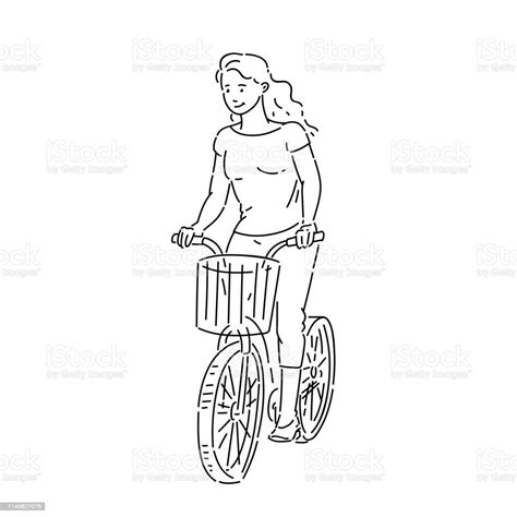 Girl Rides Bicycle With Shopping Basket In Summer Time Line Art Style Character Vector Black