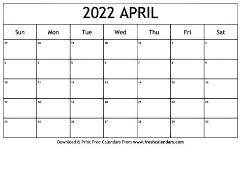 Free Printable April 2022 Calendars April Calendar 2022 Simple Design