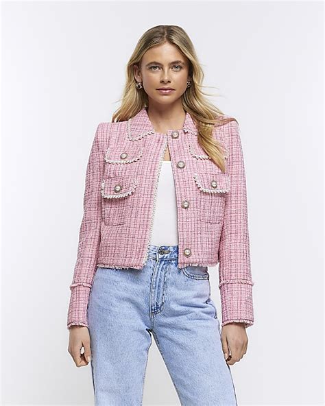 Pink Boucle Check Blazer River Island