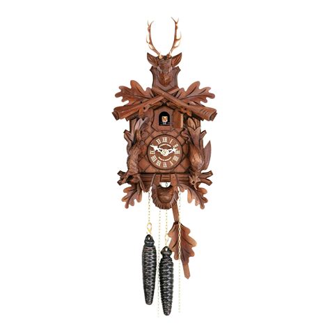 Carved 1 Day Hunting Style Cuckoo Clock With Rifles And Hanging Rabbit