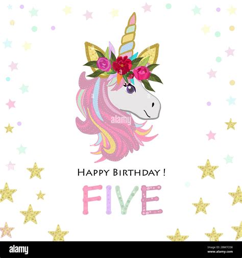Fifth Birthday Greeting Five Text Magical Unicorn Birthday Invitation