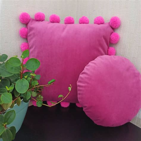Hot Pink Velvet Pom Pom Pillow Case Pink Pom Pom Cushion Etsy