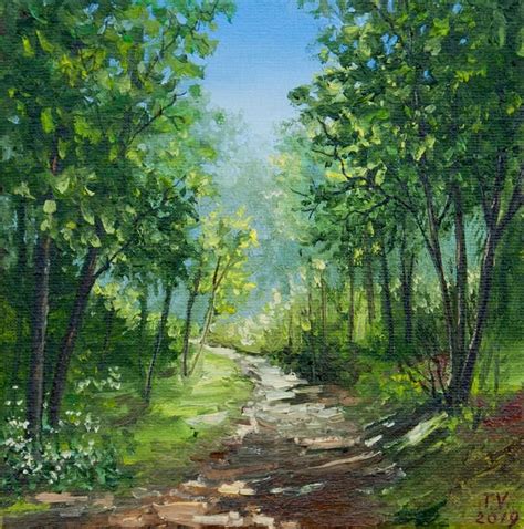 Green Forest Oil Painting Summer Landscape Nature Small Artwork