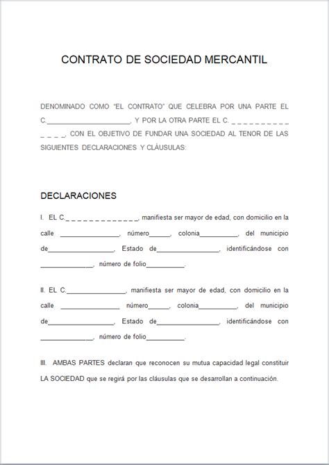 Contrato De Sociedad Mercantil【 Ejemplos Y Formatos 】word Pdf