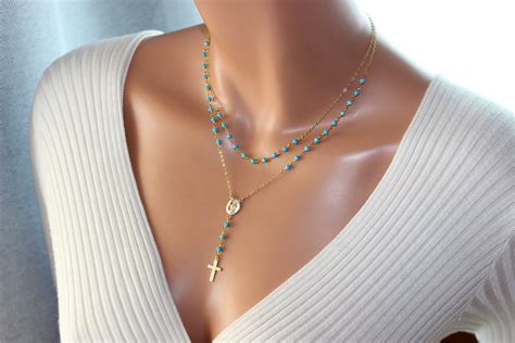 Best Seller Turquoise Rosary Necklace Gold Filled Sterling Silver Cross