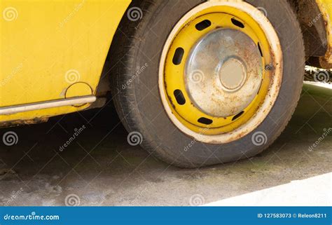 Flat Tire Of Old Yellow Car Stock Image Image Of Closeup Transport