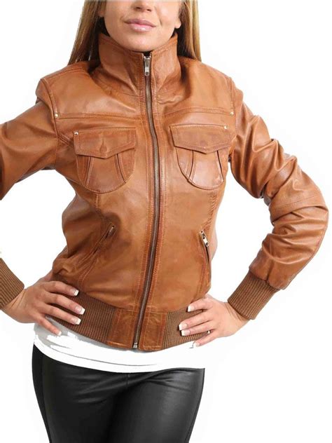 Womens Classic Tan Bomber Leather Jacket Fairfax