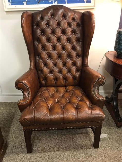 English Brown Leather Tufted Chesterfield Wingback Chair Tufted