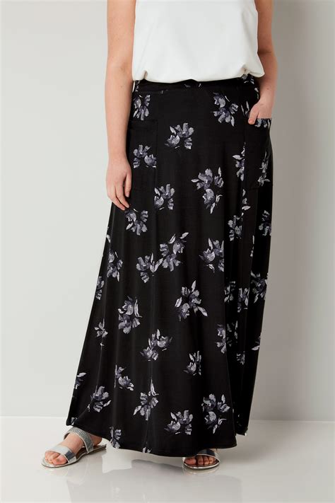 Black And Multi Floral Maxi Skirt With Pockets Plus Size 16 To 36