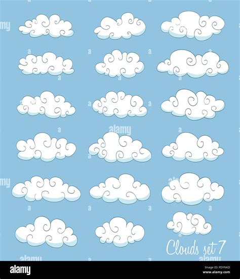 Set Of Cute Cartoon White Clouds With Swirls Vector Stock Vector Image