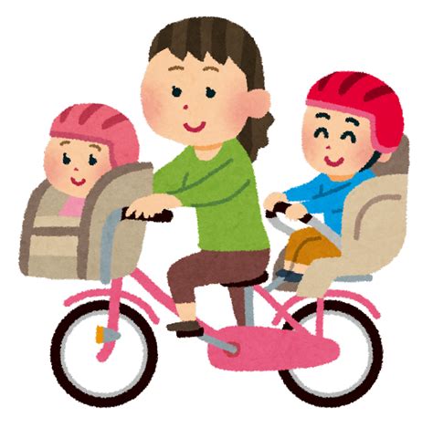 無料イラスト かわいいフリー素材集 3人乗りするお母さんと子供達のイラスト