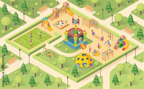 Isometric Playground With Children Yard With Kids Playing Park With