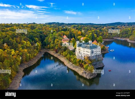 Aerial View Chateau Orlik Above Orlik Reservoir In Beautiful Autumn