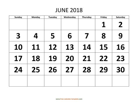 June 2018 Calendar Designed With Large Font Horizontal Free