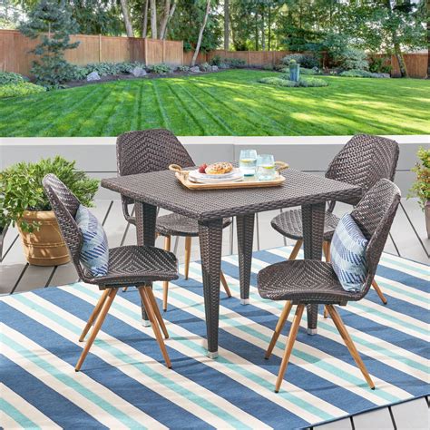 5 Piece Brown Finish Square Wicker Outdoor Furniture Patio Dining Set