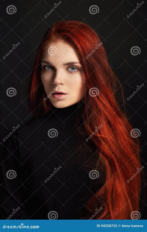 Beautiful Redhead Girl With Long Hair Perfect Woman Portrait On Black