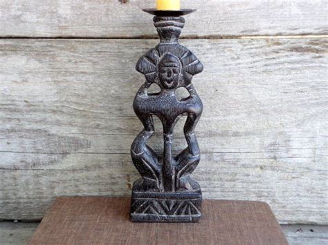 Vintage African Wooden Candle Holder Cand Carved Wooden Candlestick