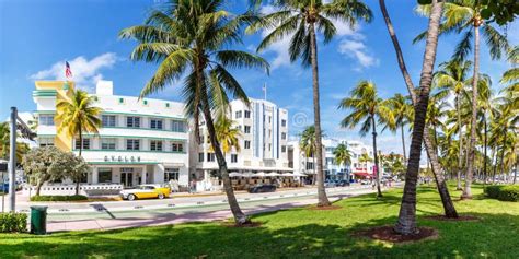 Ocean Drive With Hotels In Art Deco Architecture Style Panorama In Miami Beach Florida United