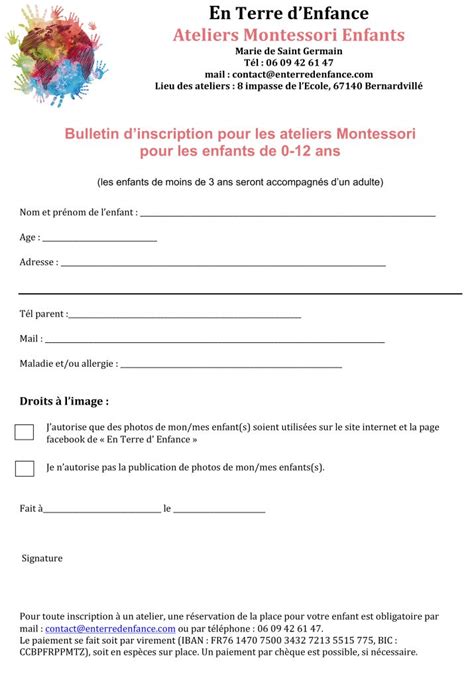 Bulletin Dinscription Pour Les Ateliers Enfants En Terre Denfance