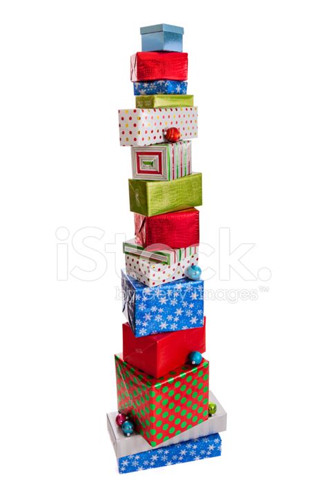 Tall Stack Of Christmas Presents Isolated On White Stock Photos