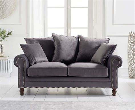 Grey Plush Velvet 2 Seater Sofa With Cushions Homegenies