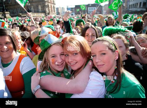 Young Teenage Irish Girls At The Front Of The Crowd At The St Patricks