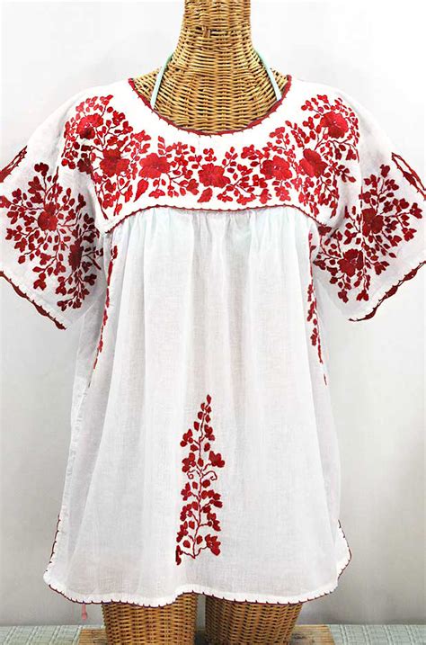 Lijera Libre Plus Size Embroidered Mexican Blouse White Red