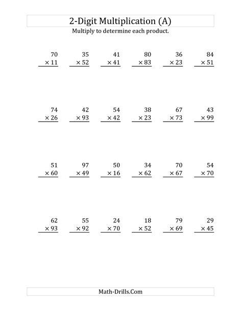 Two Digit By One Digit Multiplication Worksheet
