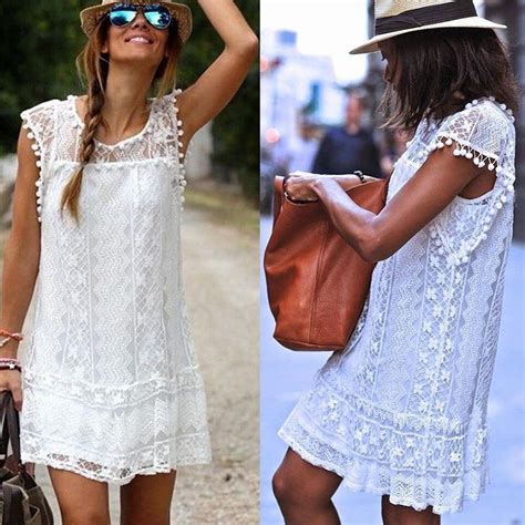 Women Summer Vestidos Casual Sleeveless Beach Short Tassel Solid White Mini Lace Dress Buy At A