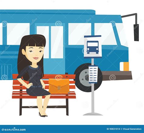 Business Woman Waiting At The Bus Stop Stock Vector Illustration Of