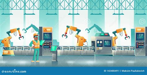 Robotized Production Line Cartoon Illustration Manufacturing Automated