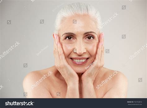Picture Cheerful Cute Naked Elderly Woman Stock Photo