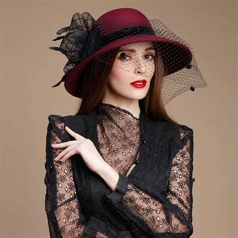 Ladies Beautiful Charming Wool Bowler Cloche Hats Tea Party Hats With Tulle Feather M350698