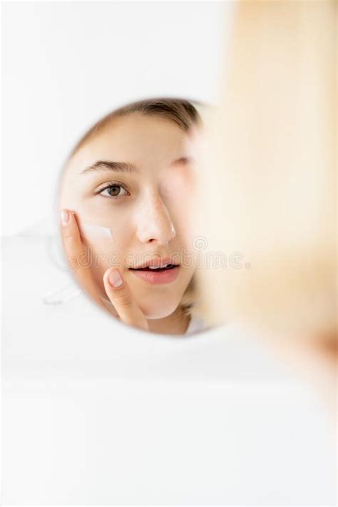 Face Moisturizing Morning Skincare Woman Mirror Stock Photo Image Of