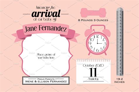 Baby Girl Announcement Card Template Graphics Creative Market