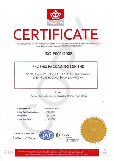 A complete range of products and services at packaging, sdn bhd. Phoenix Packaging Sdn Bhd - Certificate - Phoenix Packaging