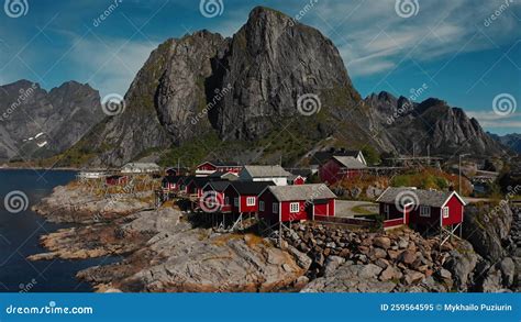 Aerial Moving Traditional Norwegian Fishermans Cabins Rorbuer On The