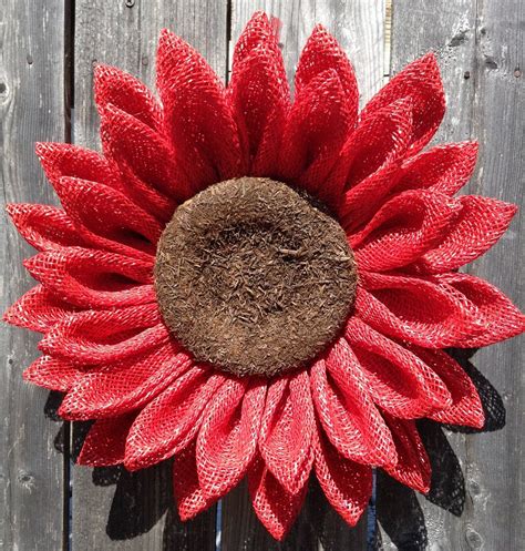 This Red Sunflower Wreaths Is Made With Poly Burlap And A Dyed Wood