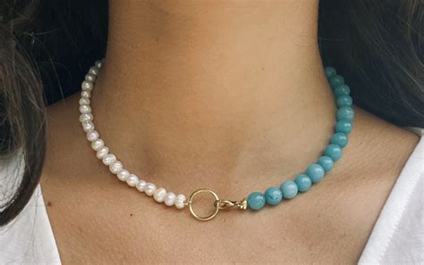 Half Pearl Half Blue Bead Necklace Turquoise Gemstone Bead Necklace