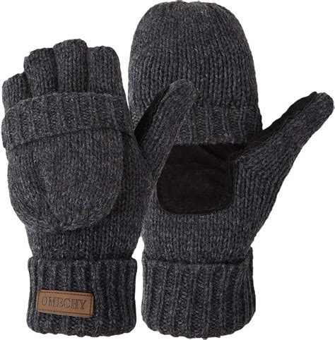 Omechy Winter Knitted Fingerless Gloves Thermal Insulation Warm Convertible Mittens Flap Cover
