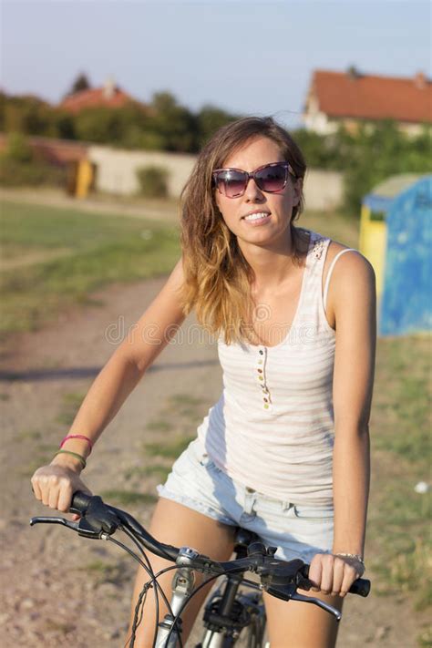 Happy Girl Riding Bicycle Clay Running Track Stock Photos Free