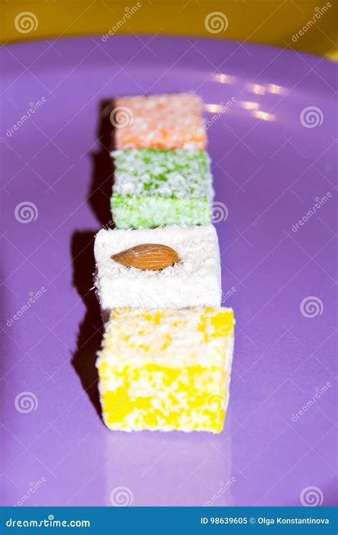 Many Assorted Multicolored Turkish Delight On Purple Background Stock Image Image Of Culture