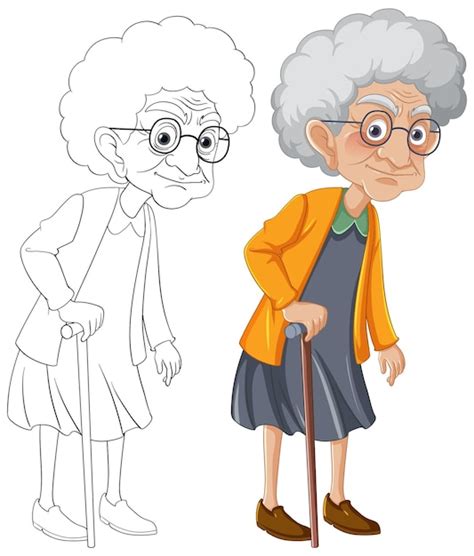 Anciana Caminando Con Bastón Personaje De Dibujos Animados Ilustración