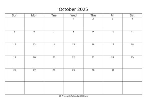 October 2025 Calendar Printable Landscape Layout