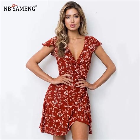 2018 Women Summer Dress Floral Print Sexy Deep V Neck Beach Dress Short