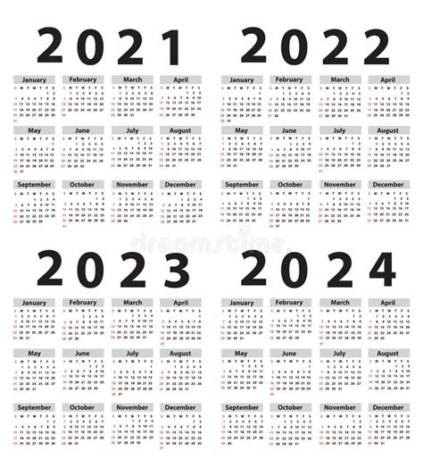 Calendar Set 2021 2022 2023 2024 Starting From Sunday Vector Stock